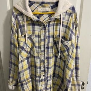 Free People We the Calico Basin Plaid Hoodie Jacket Women Casual Yellow Gray, XL
